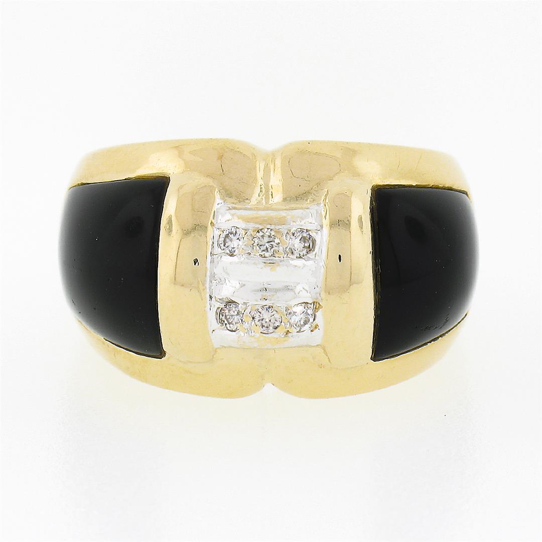 14K Yellow Gold .12 ctw Pave Diamond Black Onyx Sides Polished Wide Dome Band Ri