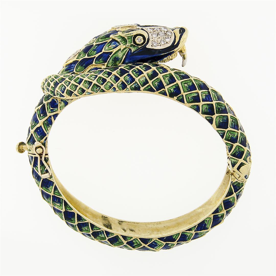 Vintage 18k Gold 0.75 ctw Diamond Green & Blue Enamel Snake Dragon Bangle Bracel