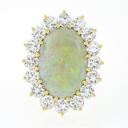 Vintage 14k Gold Oval Cabochon Opal w/ 4.0 ctw Round Diamond Halo Cocktail Ring