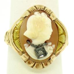 Antique 10k Rose and Green Gold Carved Cameo and Diamond Ring