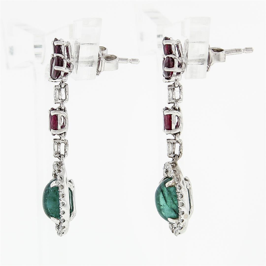 18K White Gold 4.15 ctw Cabochon Emerald w/ Ruby Diamond Halo Drop Dangle Earrin