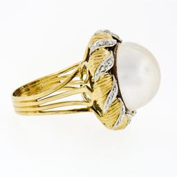 Vintage Handmade 18k Two Tone Gold Mabe Pearl & 0.25 ctw Diamond Ring