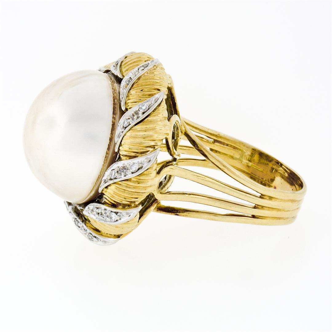 Vintage Handmade 18k Two Tone Gold Mabe Pearl & 0.25 ctw Diamond Ring