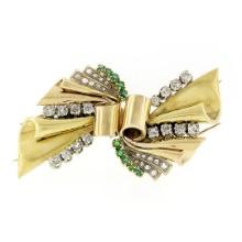 Antique 18k Gold 3.24 ctw Old Cut Diamond & Emerald Ribbon Dual Dress Clip Brooc