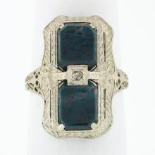 Antique Art Deco 14k White Gold Dual Bloodstone & Diamond Etched Filigree Ring