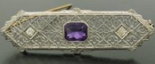 Antique Art Deco 14k Two Tone Gold Amethyst & Old Diamond Etched Filigree Brooch