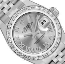 Rolex Ladies Quickset Silver Roman White Gold Diamond Bezel With Hidden Clasp Ju