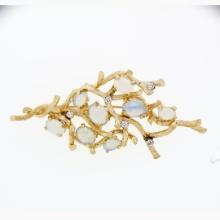 Vintage Large Textured 14K Gold FINE Opal & Diamond Free Form Tree Branch Brooch