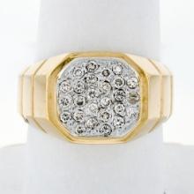 Vintage Men's 14k TT Gold .52 ctw Round Pave Diamond Cluster Ring w/ Ribbed Shan