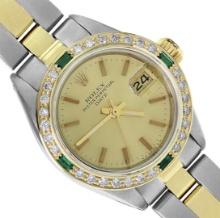 Rolex Ladies 2Tone 18K Yellow Gold Diamond And Emerald Bezel Date Watch With Rol