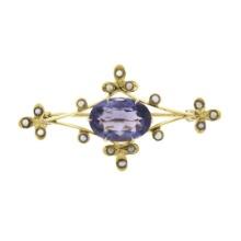 Vintage Victorian Revival 14K Yellow Gold Oval Amethyst & Seed Pearl Pin Brooch