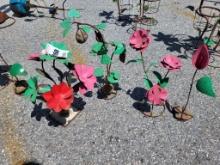 (4) Pink / Green Metal Flower Yard Art