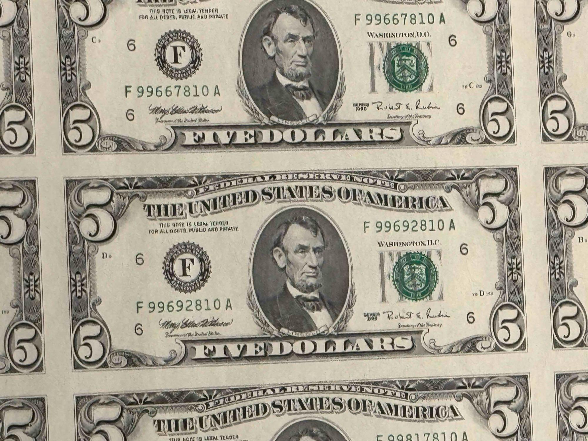 Uncut Sheet Of 32 $5 Bank Notes Series 1995 $160 Face Value
