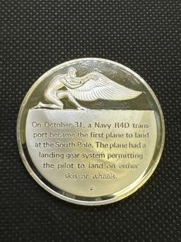 History of Flight 1st South Pole Landing 1956 Sterling Silver Coin 1.30 Oz