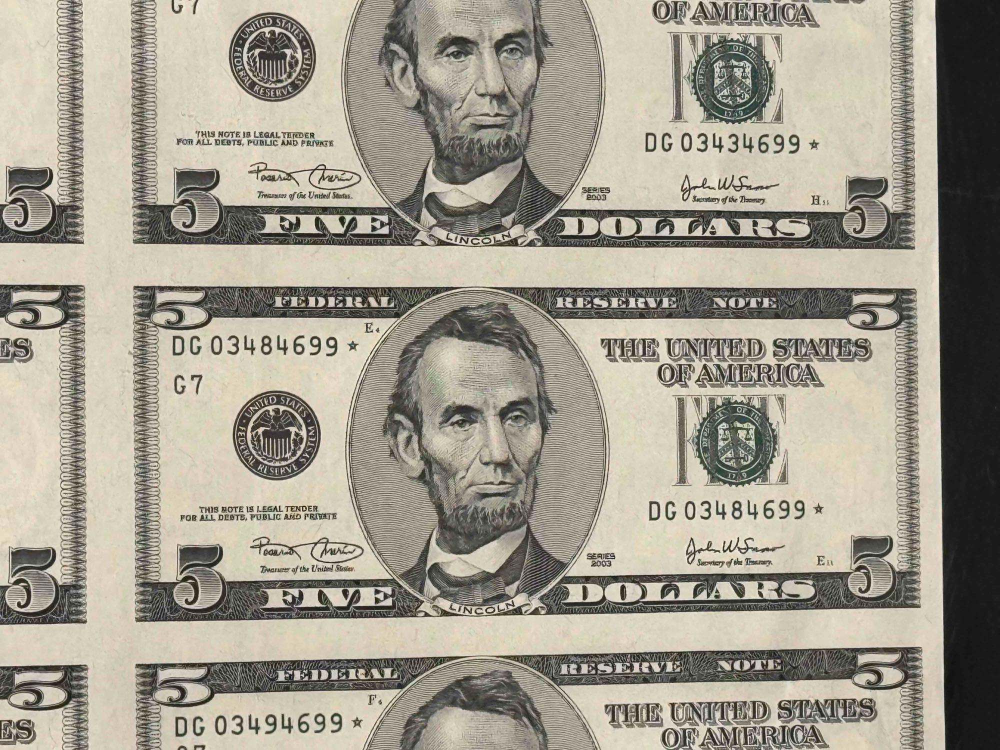 Uncut Sheet of 5 Dollar Bills 16 count Series 2003 Face Value $80