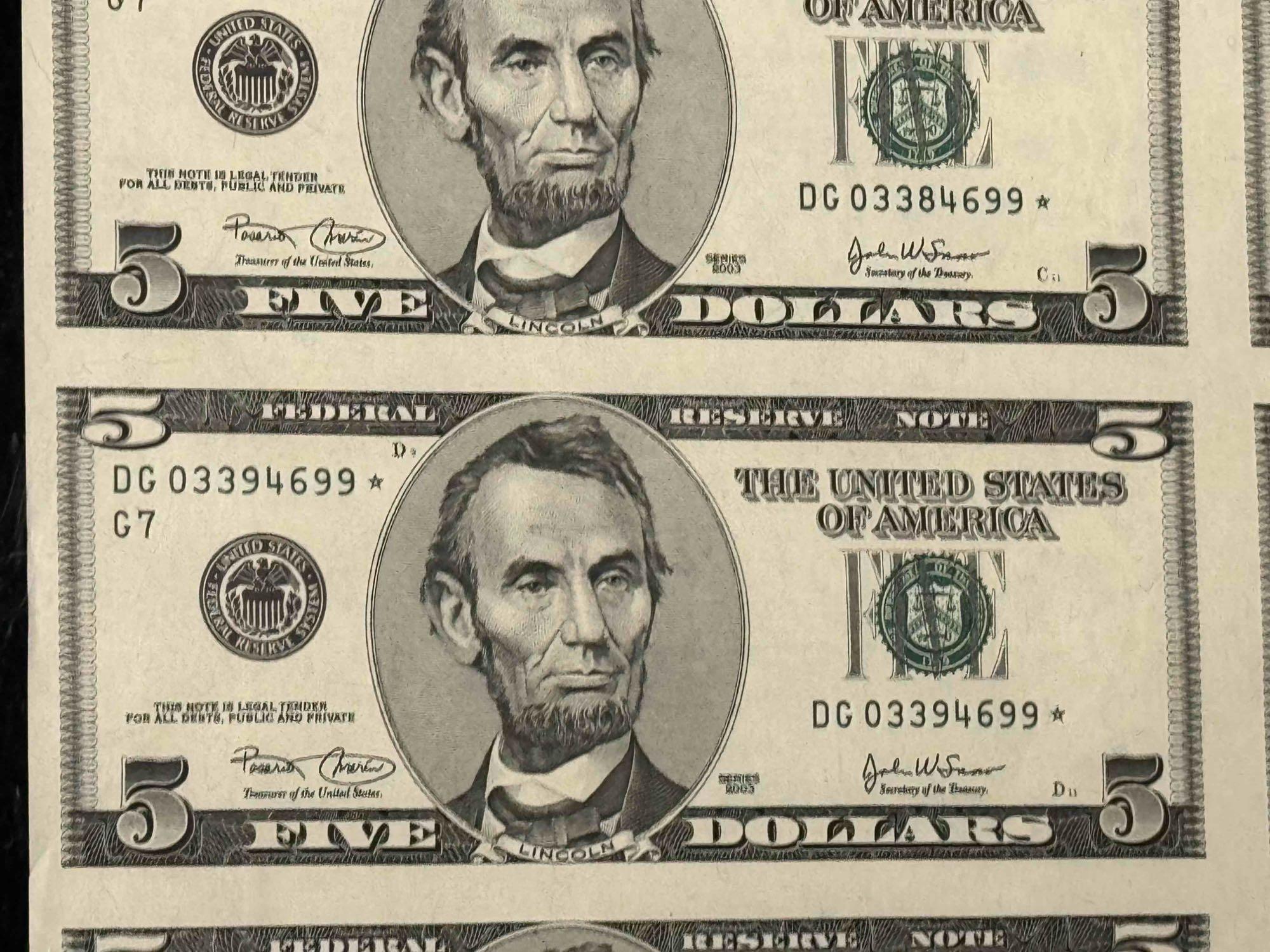 Uncut Sheet of 5 Dollar Bills 16 count Series 2003 Face Value $80