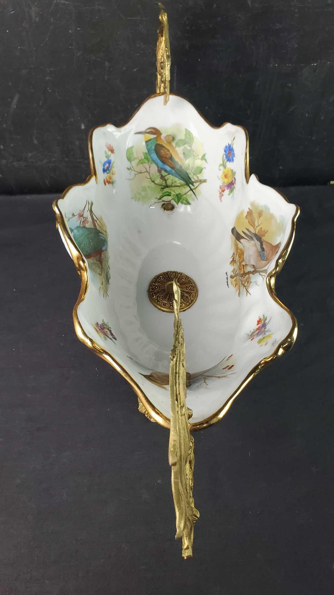 Vintage large fine porcelain bowl with gold rim depicting various birds with signature