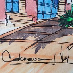 2 Framed artwork pieces signatures of Puerto Vallarta waterfront boardwalk cobblestone roads bridge