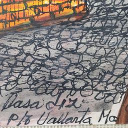 2 Framed artwork pieces signatures of Puerto Vallarta waterfront boardwalk cobblestone roads bridge