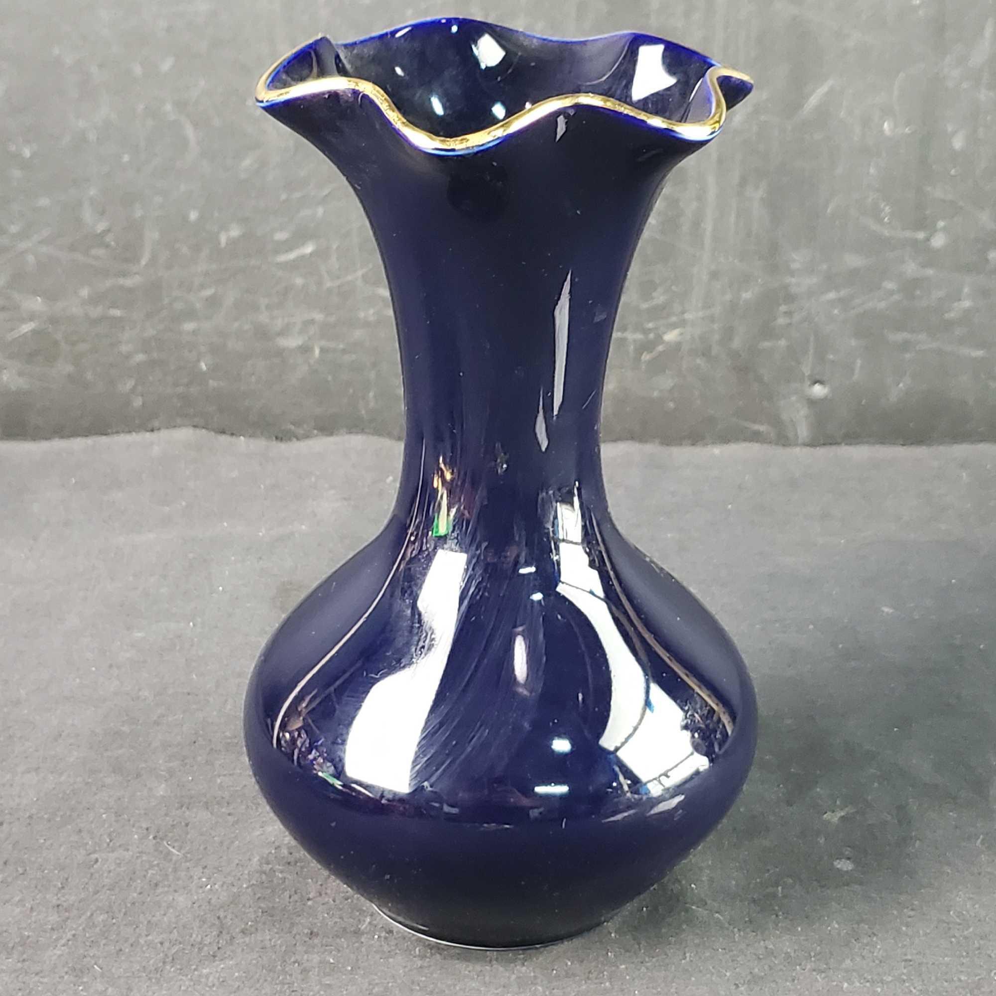 2 Vintage Limoges porcelain pieces Small pitcher Florence colbalt blue with gold trim
