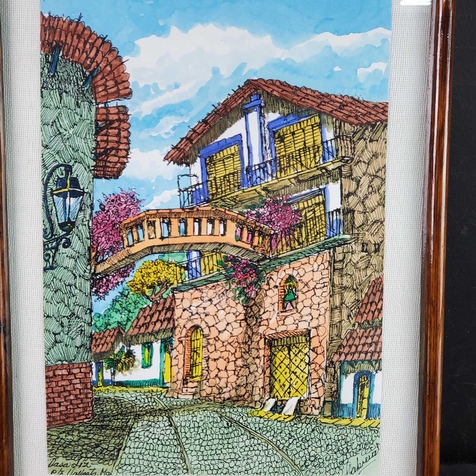 Lot of 2 framed prints 1 with signature seacliff houses Pureto Vallarta