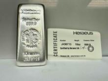 Heraeus Feinsilber .999 Silver Bar 10oz w/ CERTIFICATE Certified by Heraeus Ltd