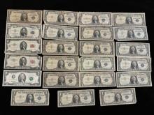 23 Total US $5, $2, & $1 Dollar Silver Certificates, Includes Star, Red Label, Blue Label
