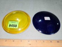 2-Vintage Colored Glass Concave Light Covers. Yellow and Blue. Slight Damage on Blue Glass.