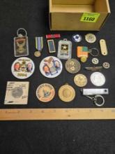 Box of Assorted Military Medals and Ribbon, Tokens, Coins, Key Chains, Pins and Other. All one