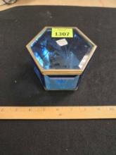 Vintage, Brass and Etched Blue Glass Jewery Box