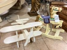 2PC WOOD CHILDRENS ROCKING HORSE AND AIRPLANE