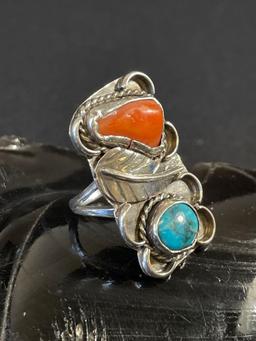 Vintage Sterling Turquoise and Coral Ring
