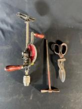 Antique Millers Falls hand crank drill w/ mixer & tin snips