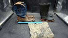 Cowboy Boots (Size 2), Rubber Boots (11-12) & Camo Shirt (Youth Medium)