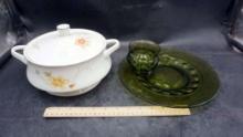 Annabelle Lidded Dish & Green Glass Plate & Cup