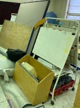 Rolling cart, White boards, Skeleton figure, and Wood display,