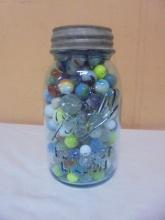 Vintage Blue Glass Quart Jar of Marbles