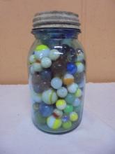 Vintage Blue Glass Ball Jar Full of Marbles