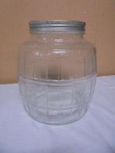 Vintage Glass Barrel Jar w/ Metal Lid