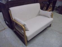 Like New Wood Side Oatmeal Upholstered Love Seat