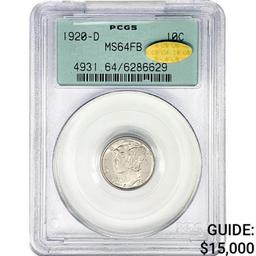 1920-D CAC Mercury Silver Dime PCGS MS64 FB