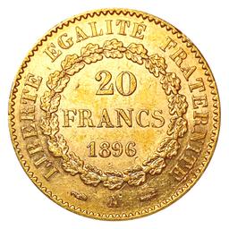 1896 France .1867oz Gold 20 Francs CLOSELY UNCIRCU