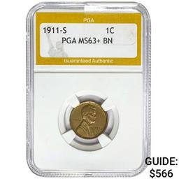 1911-S Wheat Cent PGA MS63+ BN