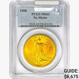 1908 $20 Gold Double Eagle PCGS MS63 No Motto
