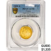 1808-A France 20 Francs .1867oz. Gold PCGS AU50