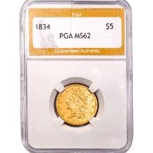 1834 $5 Gold Half Eagle PGA MS62