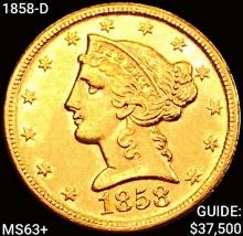 1858-D $5 Gold Half Eagle CHOICE BU+