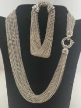 2 Piece Italy Designer Multi-Strand Solid Sterling Pearl & Fine Chain Silver Choker & Bracelet