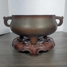 Qing Dynasty 18 Century Bronze Censer On Carved Rosewood Stand