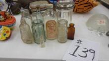 bottle lot, mixed lot of vintage mini bottles, sugar jar and mason jar